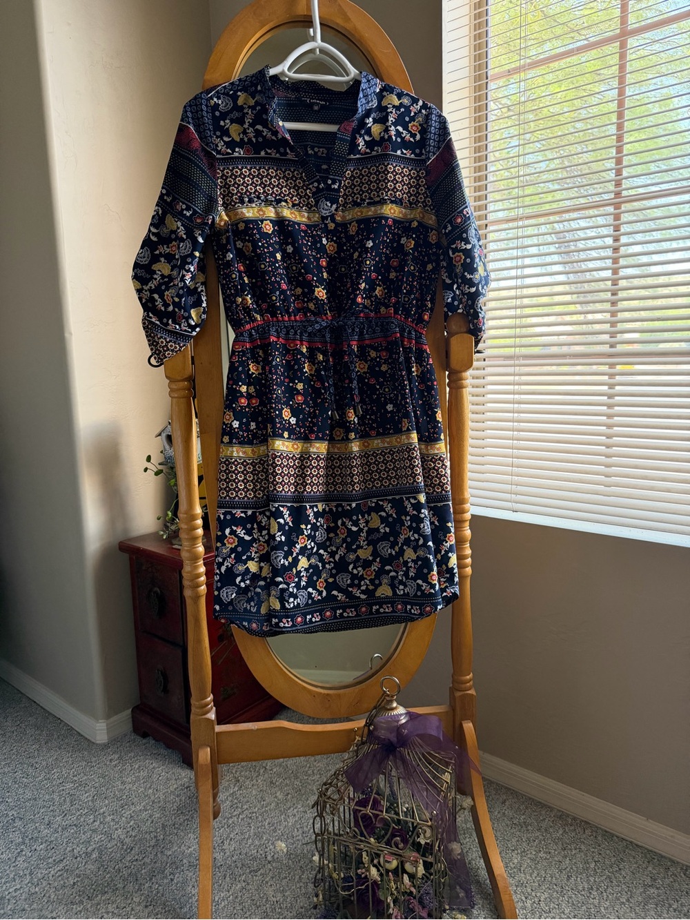 Navy Floral Mini Dress with Mixed-Print Panels